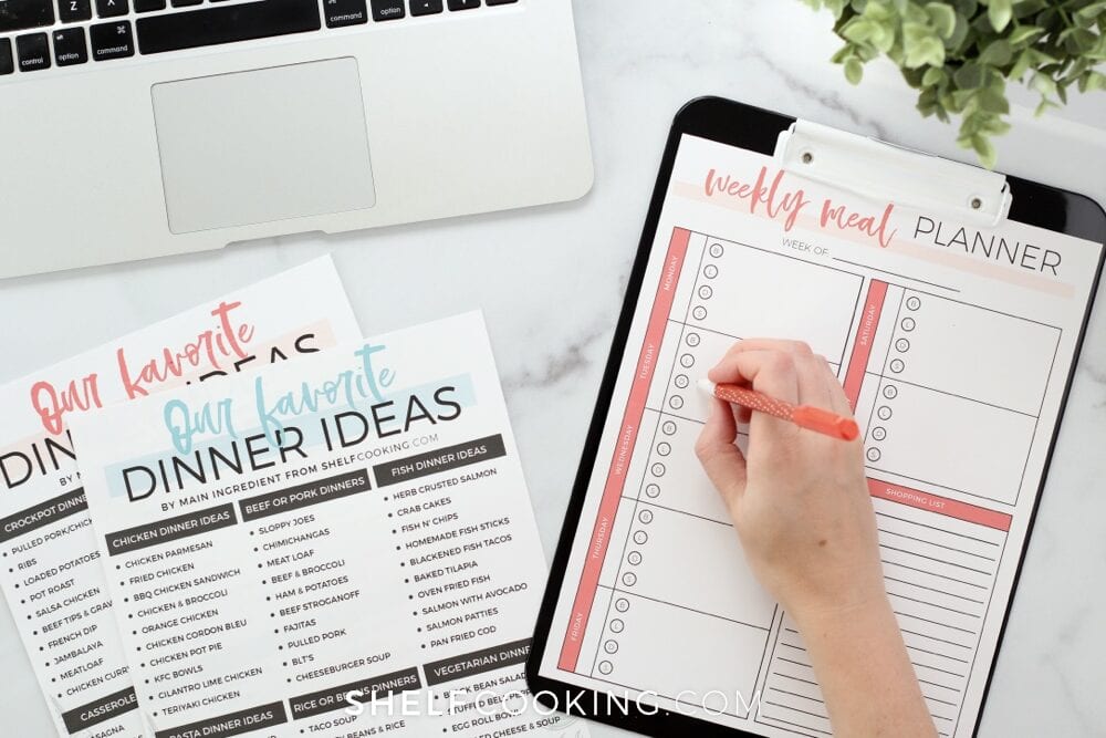 Weekly meal planner and dinner ideas printables on a table, from Shelf Cooking