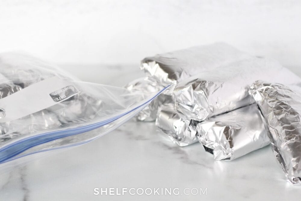 Freezer breakfast burritos wrapped in foil, from Shelf Cooking 