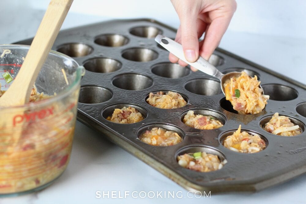 pouring ingredients into a mini muffin pan, from Shelf Cooking 
