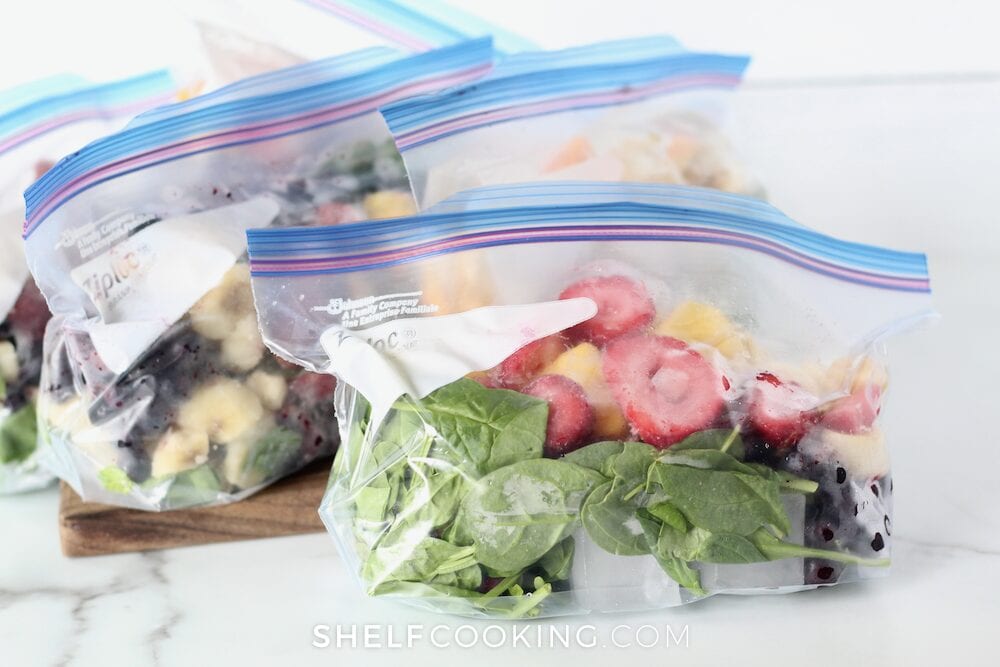 Frozen smoothie packs on a counter, from Shelf Cooking