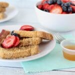 Crunchy French toast sticks on a plate, from ShelfCooking.com