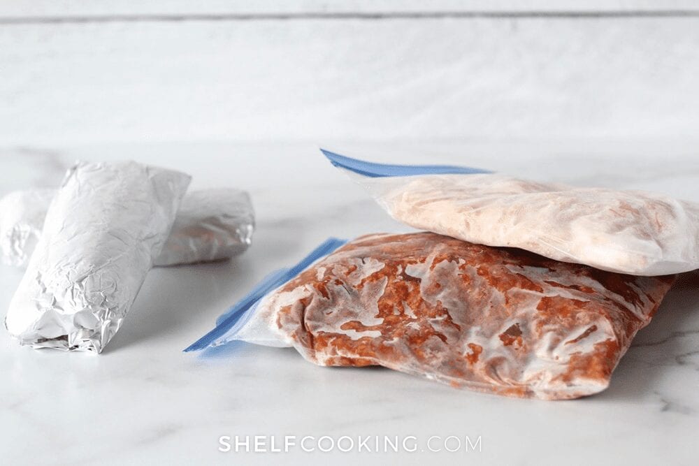 Various frozen foods wrapped to prevent freezer burn, from Shelf Cooking 