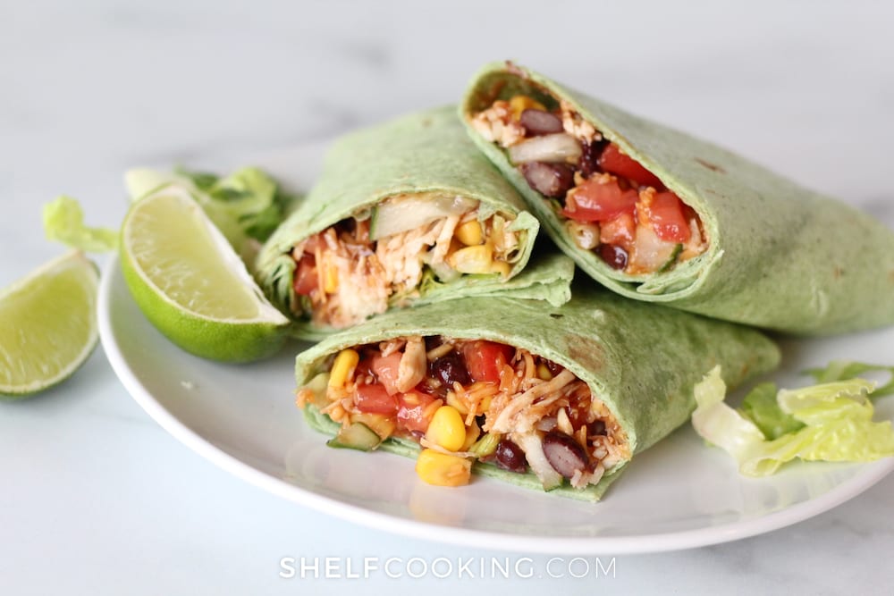 Copycat Red Robin BBQ chicken wrap on a plate, from Shelf Cooking