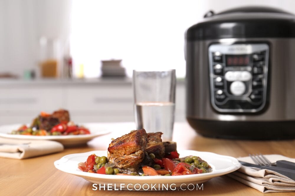 Instant Pot and meal on a table, from Shelf Cooking 