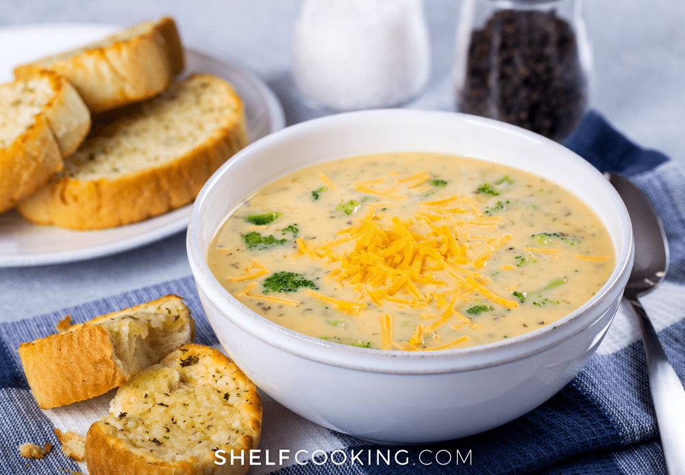 broccoli cheddar soup in a bowl, from Shelf Cooking