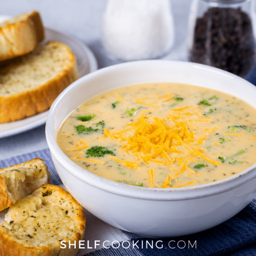 broccoli cheddar soup in a bowl, from Shelf Cooking