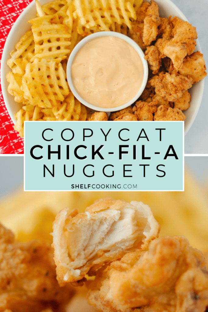 Image with text that reads "copycat Chick-fil-A nuggets" from Shelf Cooking