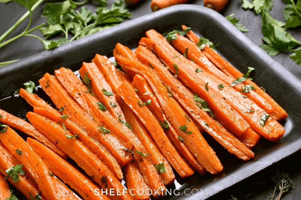 roasted carrots in a pan, from Shelf Cooking
