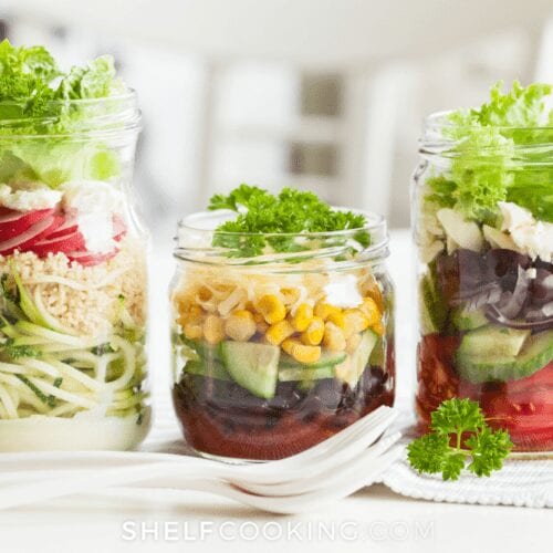 mason jar salad on a counter, from Shelf Cooking