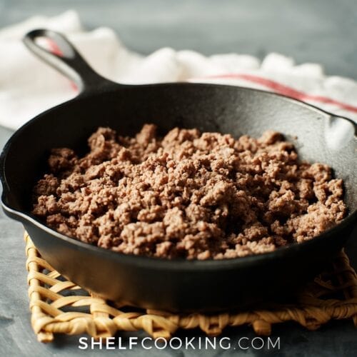 ground beef in a skillet, from Shelf Cooking