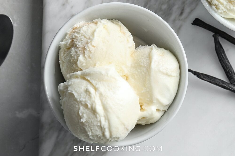 Three scoops of vanilla ice cream in a bowl, from Shelf Cooking