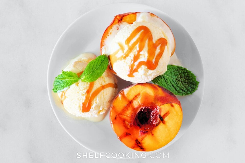 Homemade ice cream with peach dessert in a bowl, from Shelf Cooking