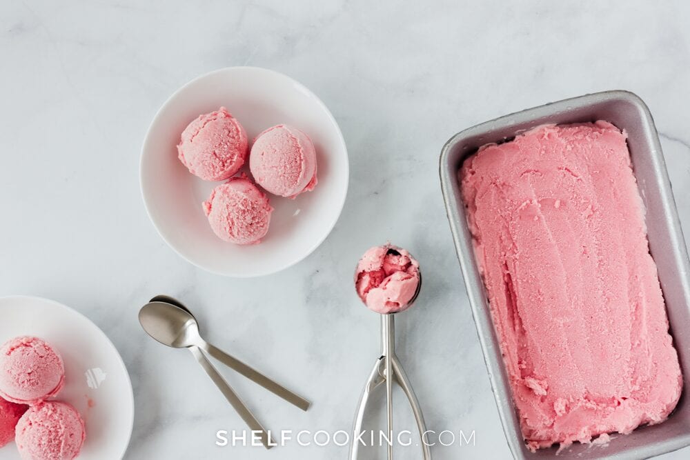 Strawberry ice cream in a pan, from Shelf Cooking