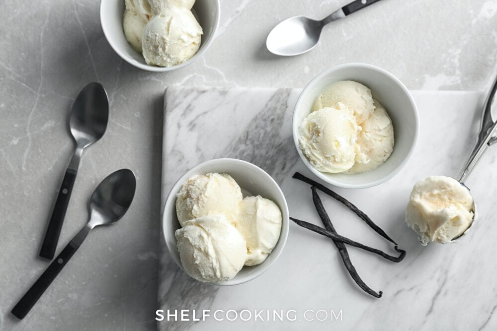 Homemade ice cream recipe in a bowl, from Shelf Cooking
