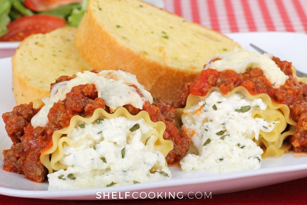 Lasagna roll ups on a plate, from Shelf Cooking