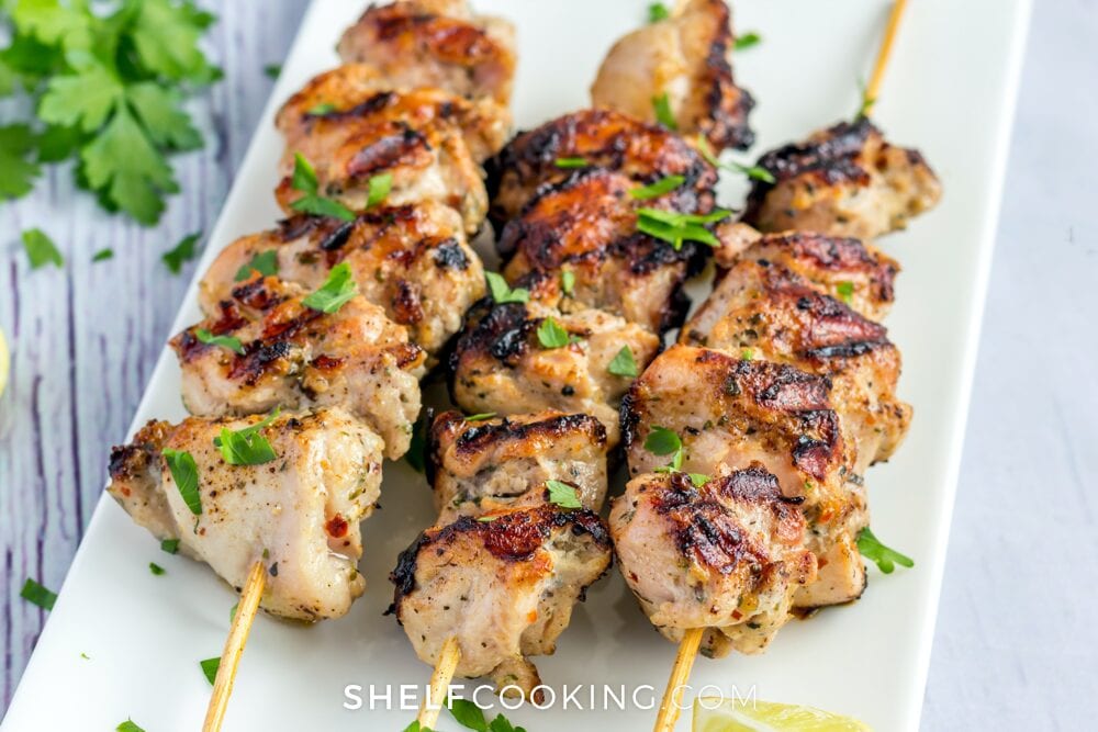 easy summer dinner chicken kebabs on a plate, from Shelf Cooking