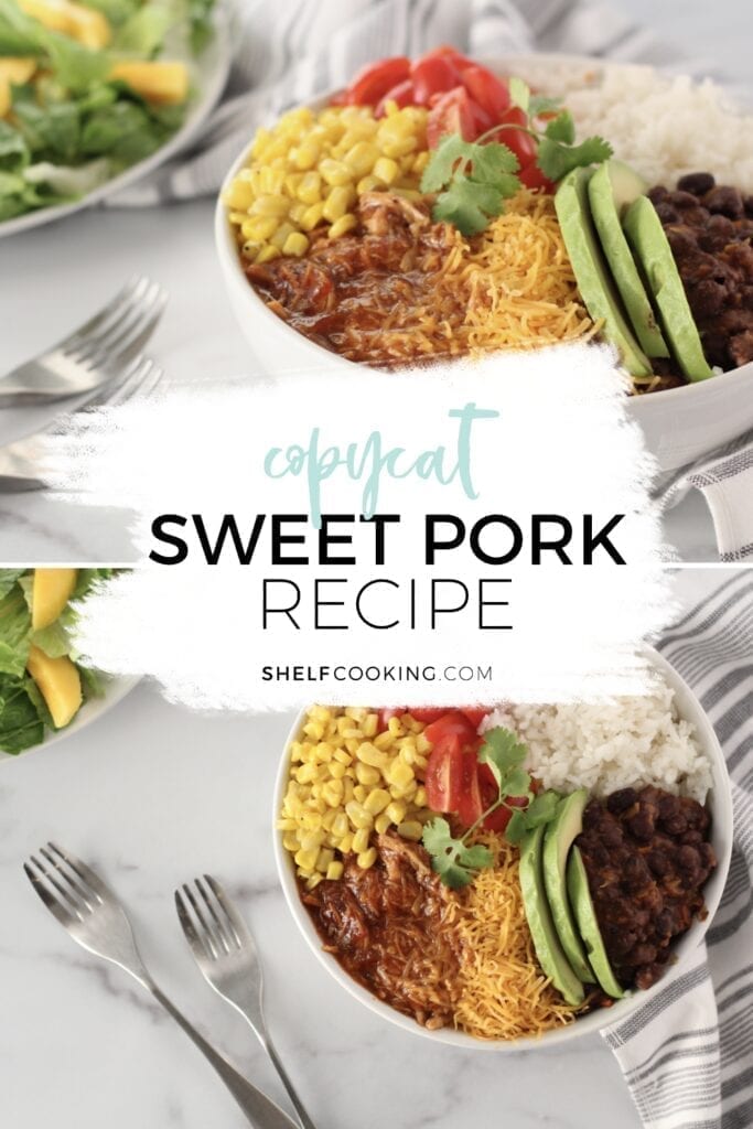 Image with text that reads "copycat sweet pork recipe" from Shelf Cooking