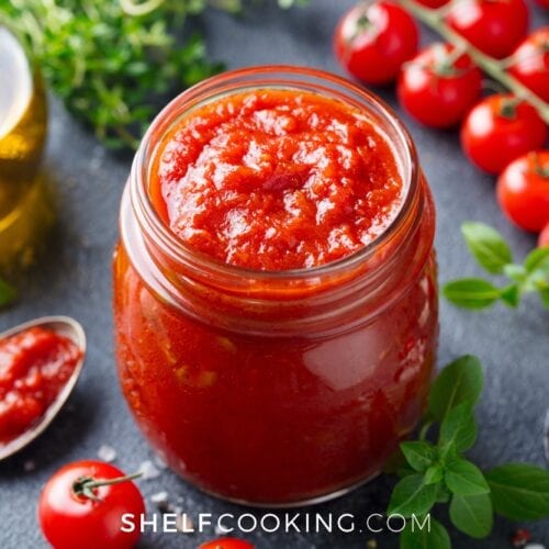 Homemade pizza sauce in a jar, from Shelf Cooking