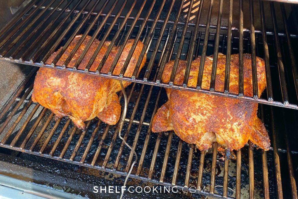 Traeger smoked chicken on the grate, from Shelf Cooking