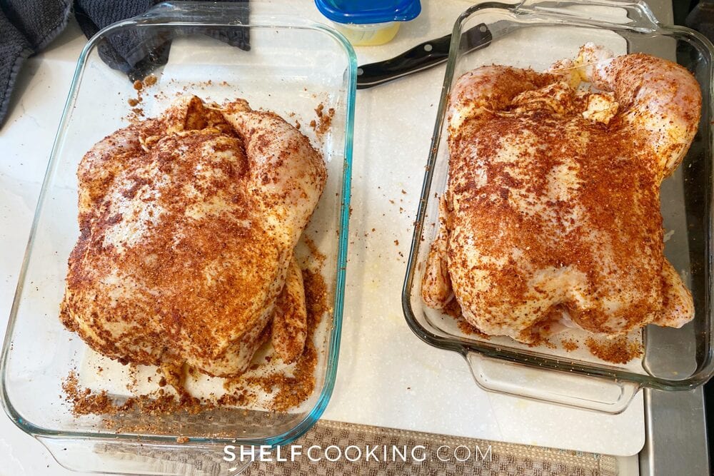 Chicken with seasonings in pans, from Shelf Cooking