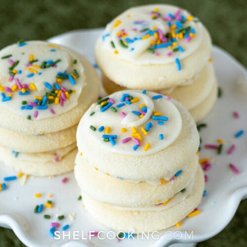 soft cut out sugar cookies on a platter, from Shelf Cooking