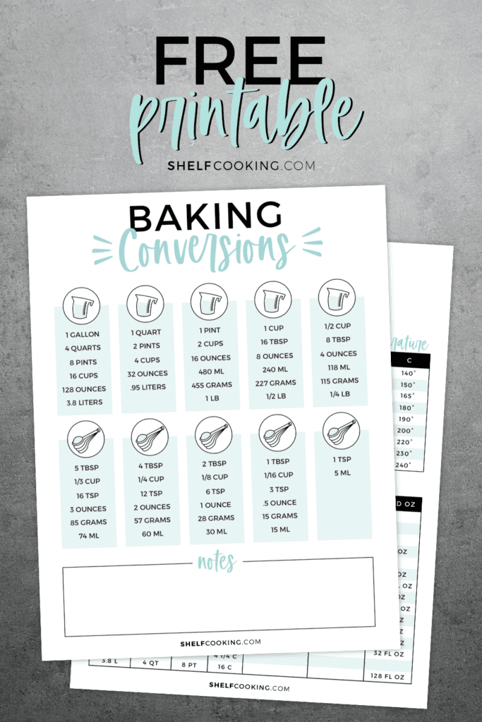 Kitchen conversion chart on a counter with text that reads "free printable" from Shelf Cooking 