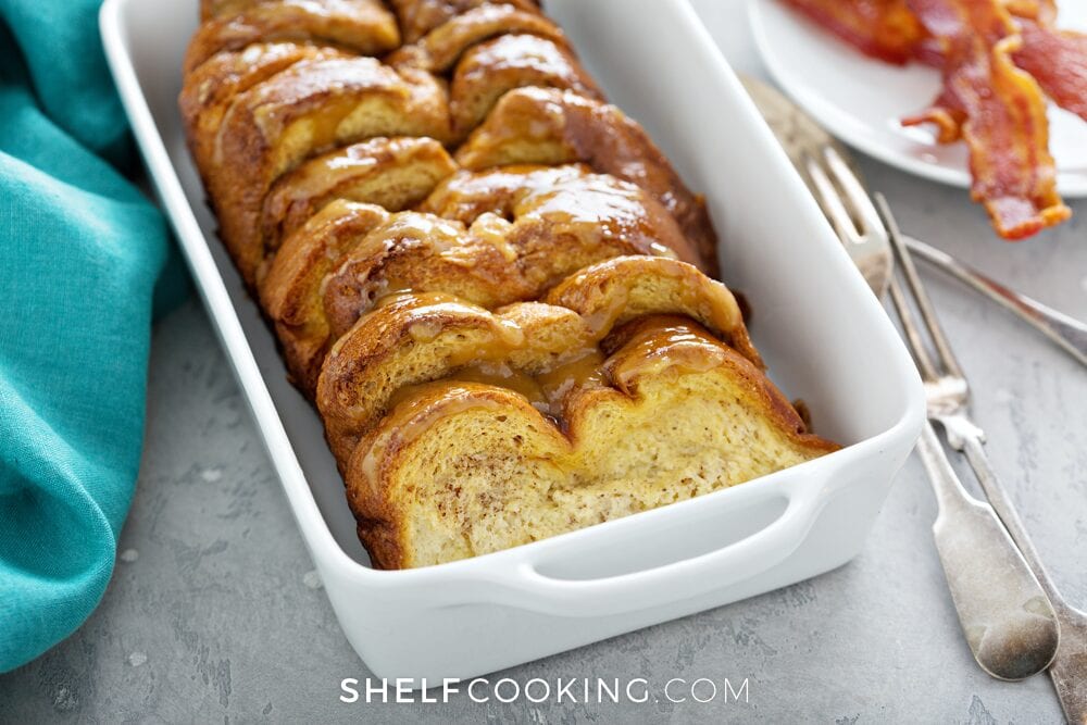 Pumpkin French toast in a casserole dish, from Shelf Cooking