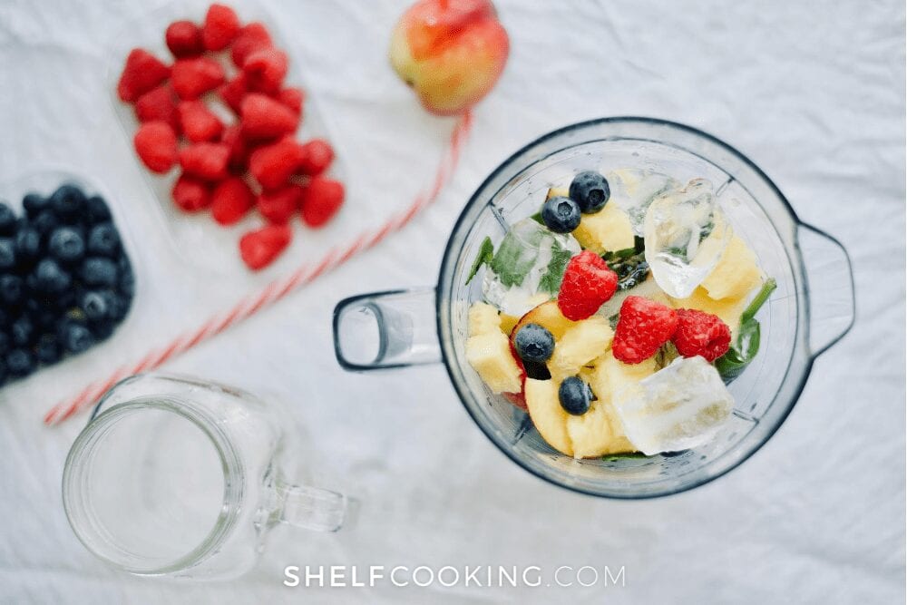 blender filled with fresh fruits and ice, from Shelf Cooking