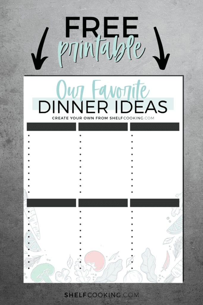 Printable to create your own favorite dinner ideas from Shelf Cooking 