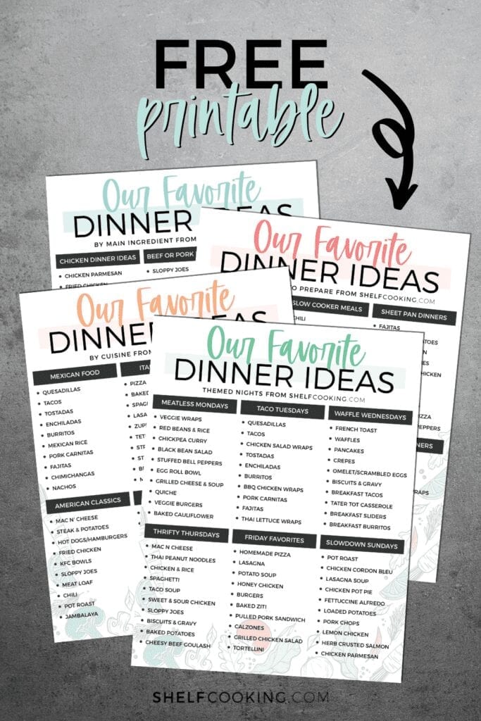 Dinner ideas printables on a counter from Shelf Cooking 