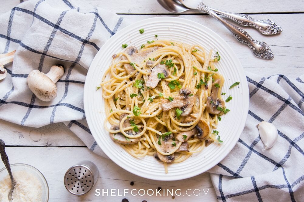Pasta with mushrooms on a plate, from Shelf Cooking 