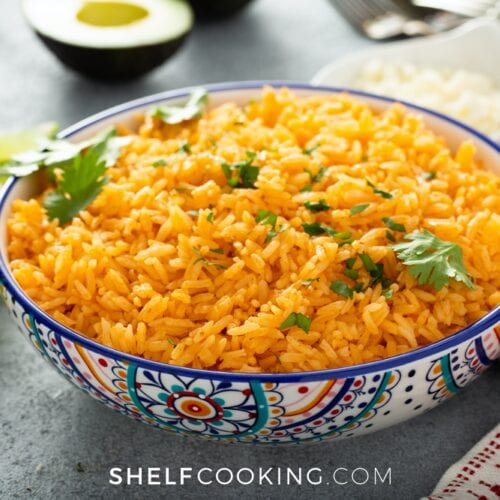 Mexican rice recipe in a bowl, from Shelf Cooking