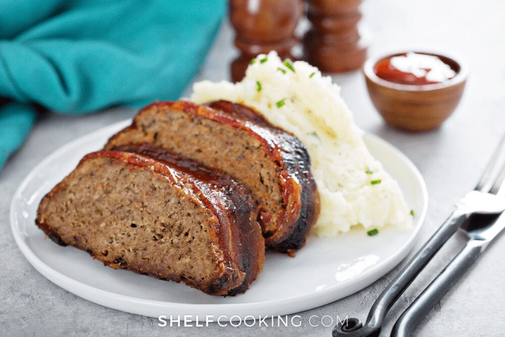 bacon-wrapped meatloaf with mashed potatoes, from Shelf Cooking