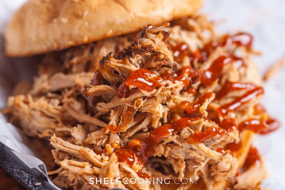 close up of pulled pork sandwich on a platter from Shelf Cooking