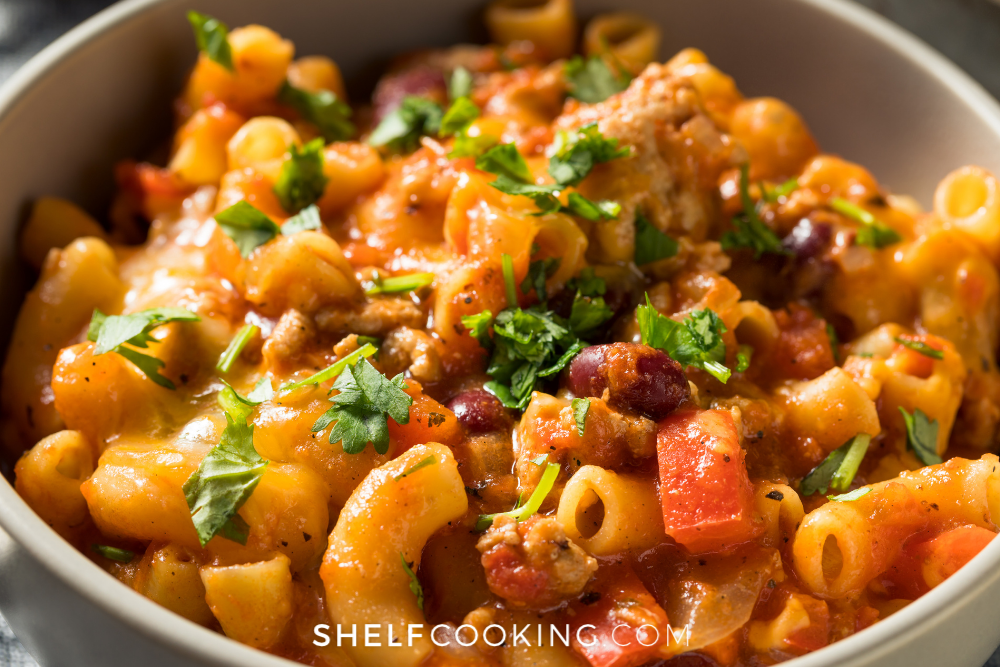 bowl of macaroni with chili, from Shelf Cooking