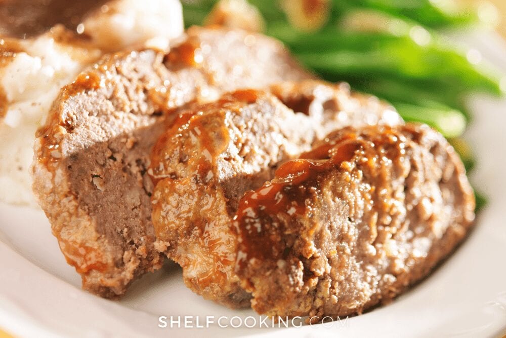 plate of classic meatloaf and green beans, from Shelf Cooking
