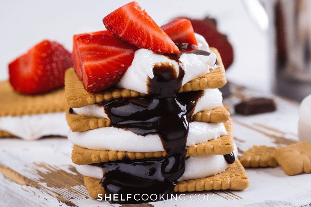 fancy s'mores recipe with strawberries on top from Shelf Cooking