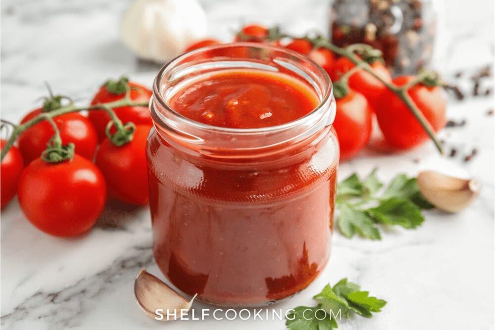 Tomato paste substitute in a jar next to tomatoes and parsley, from Shelf Cooking