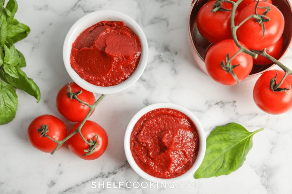 Tomato paste in two small condiment cups, from Shelf Cooking