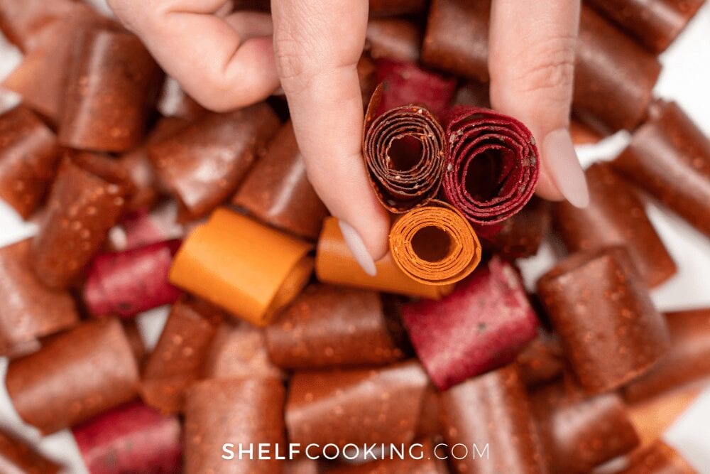 view of dozens of rolls of fruit leather seen from above , from Shelf Cooking