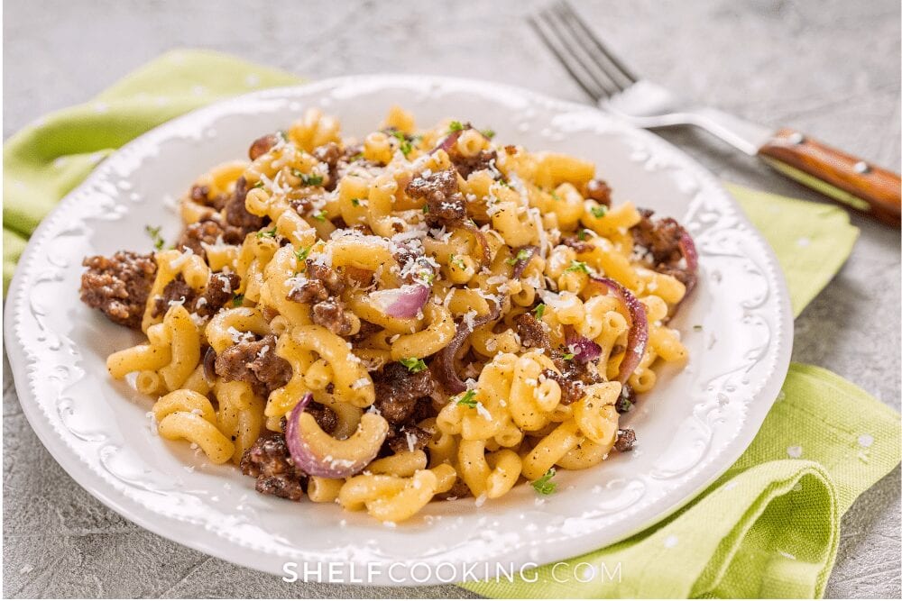 bowl full of hamburger helper and mac and cheese, from Shelf Cooking