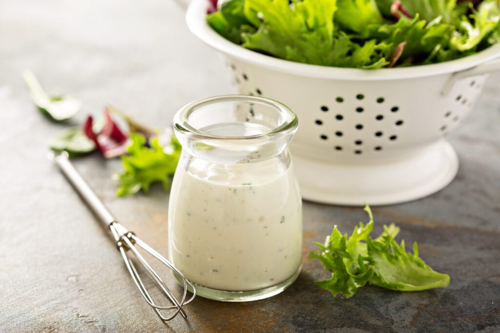 homemade ranch dressing with salad, from Shelf Cooking 