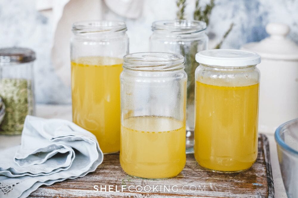 glass jars of turkey broth, from Shelf Cooking 