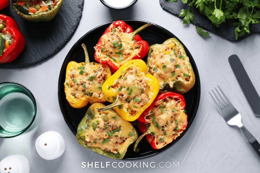 stuffed red and yellow peppers, from Shelf Cooking 