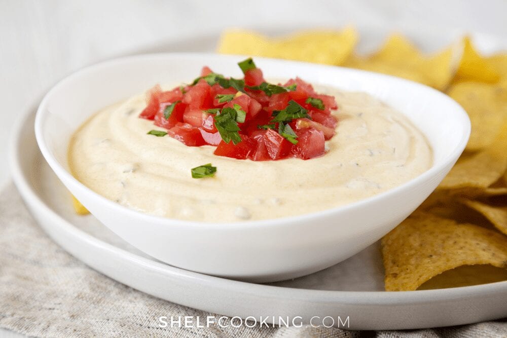 cheese dip topped with fresh salsa, from Shelf Cooking 
