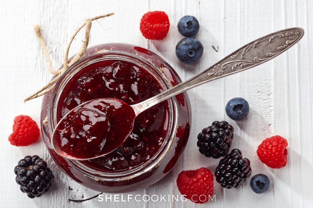 mason jar of mixed berry jam, from Shelf Cooking 