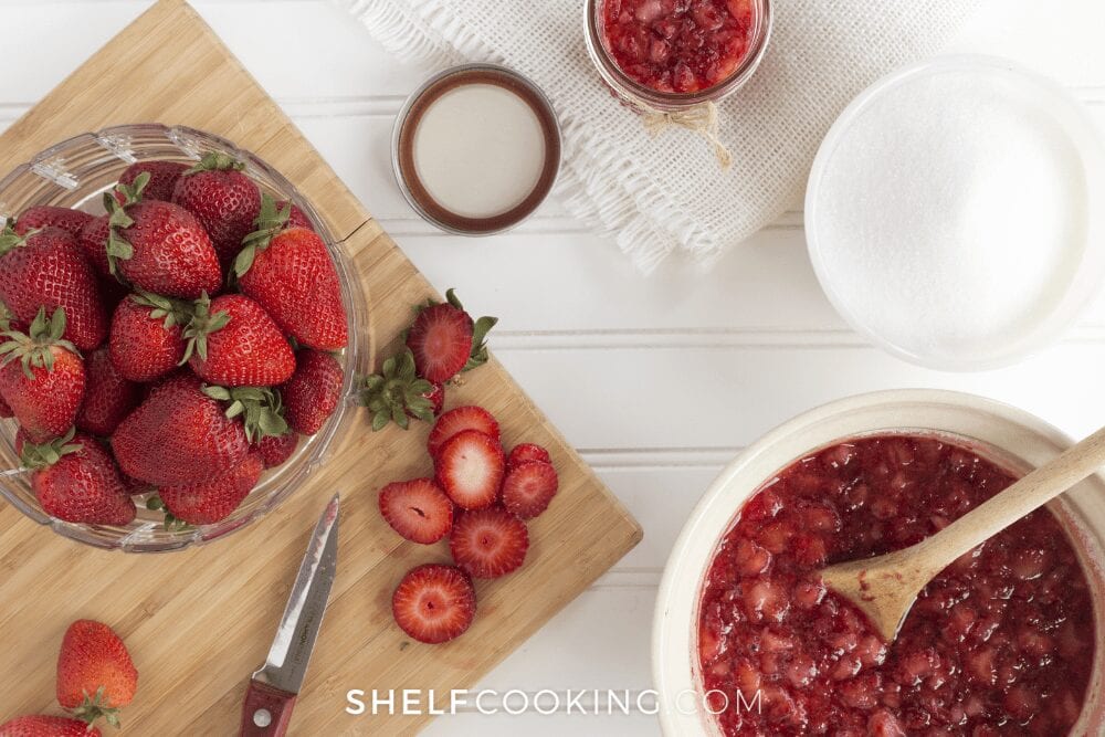 sliced strawberries on a cutting board, from ShelfCooking.com