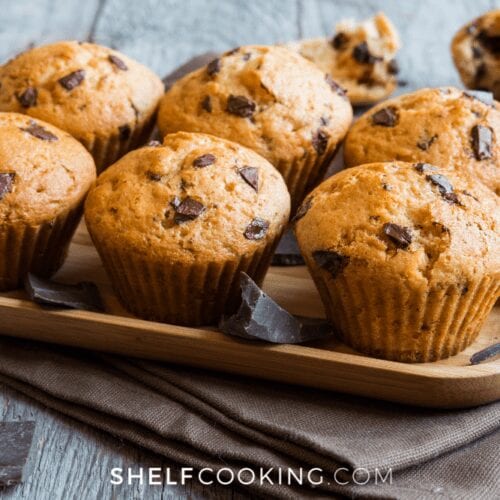 tray of pumpkin chocolate chip muffins, from Shelf Cooking