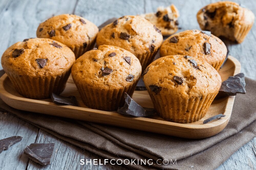 tray of pumpkin chocolate chip muffins, from Shelf Cooking 