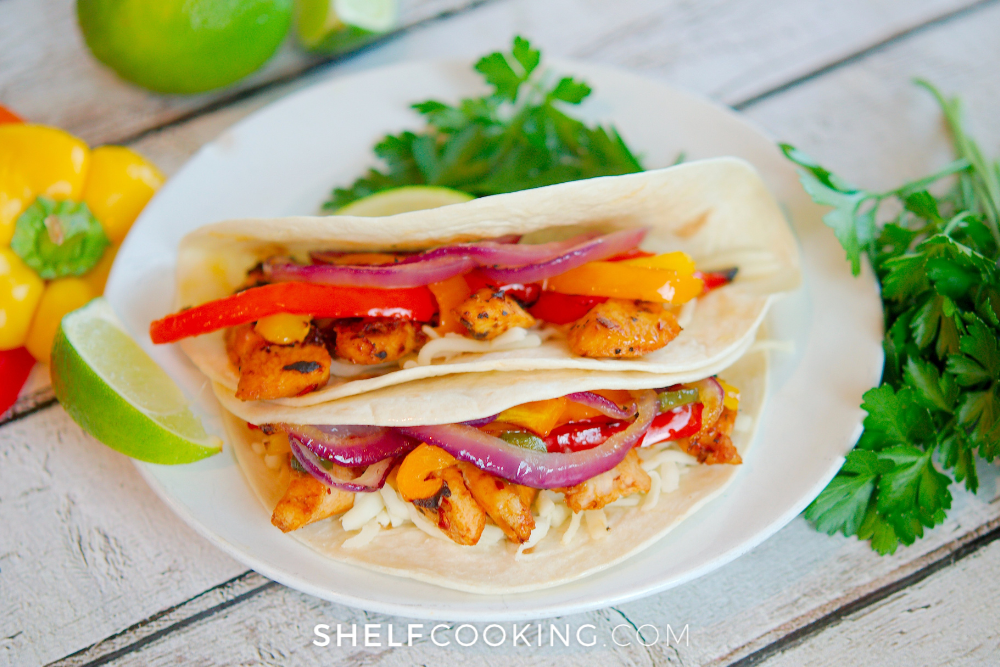 two chicken fajitas on a plate, from Shelf Cooking